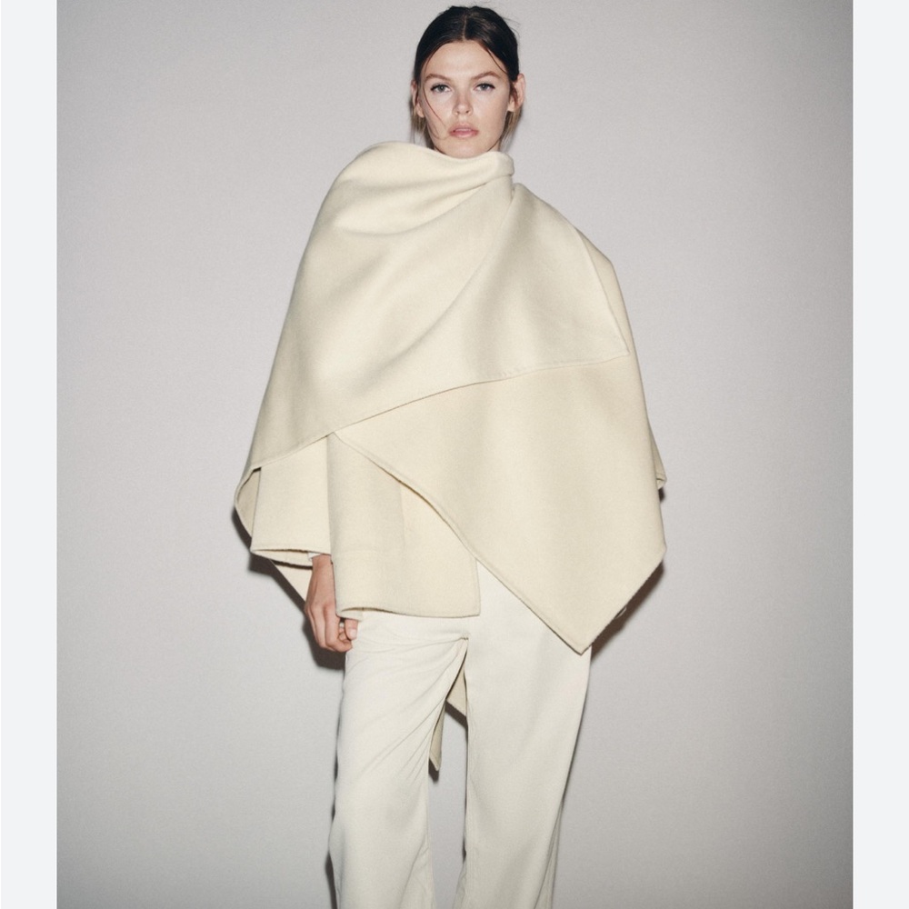 Zara NWT ZW Collection wool blend cape coat ecru 8491/257